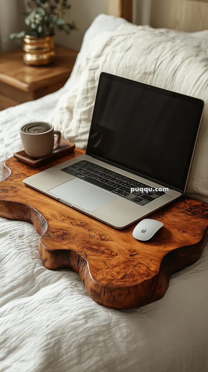 Laptop and cup on a rustic wooden tray on a bed.