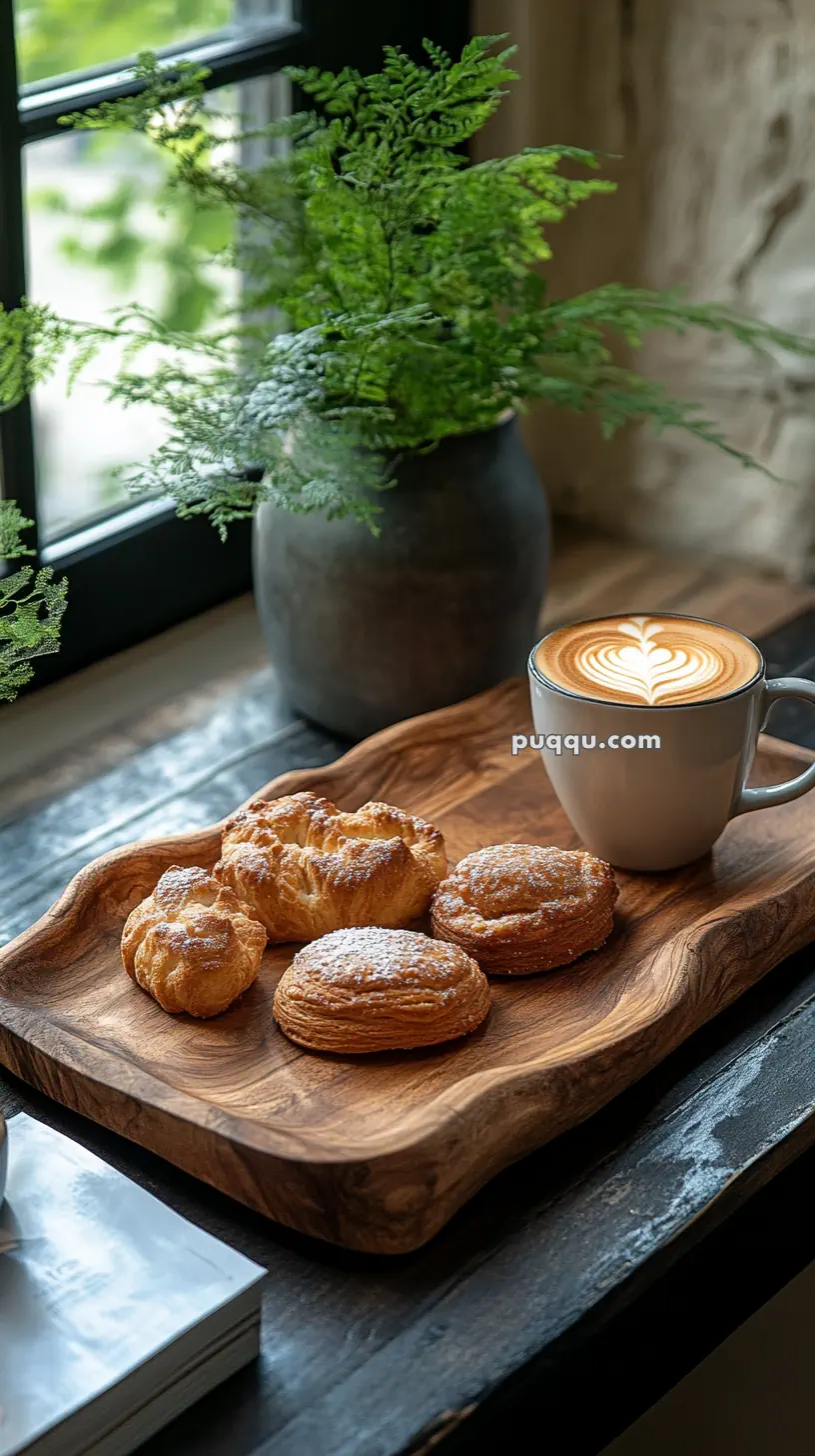 Wooden tray with assorted pastries and a cup of latte art coffee, next to a potted plant by a window.