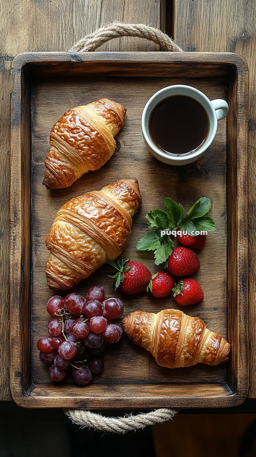 Breakfast tray with three croissants, a cup of coffee, strawberries, and grapes.