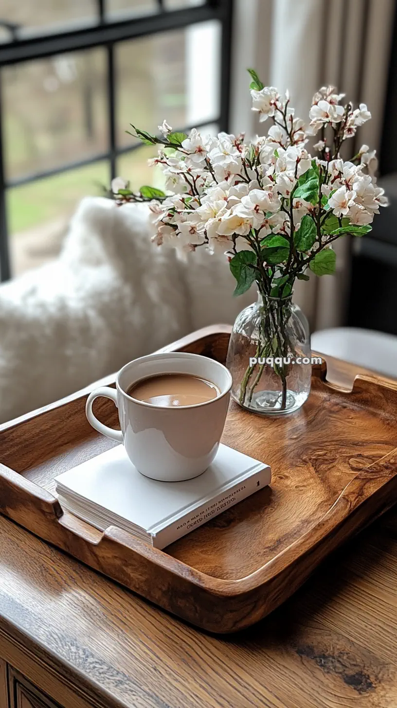 A coffee cup and a book on a wooden tray beside a vase of white flowers.