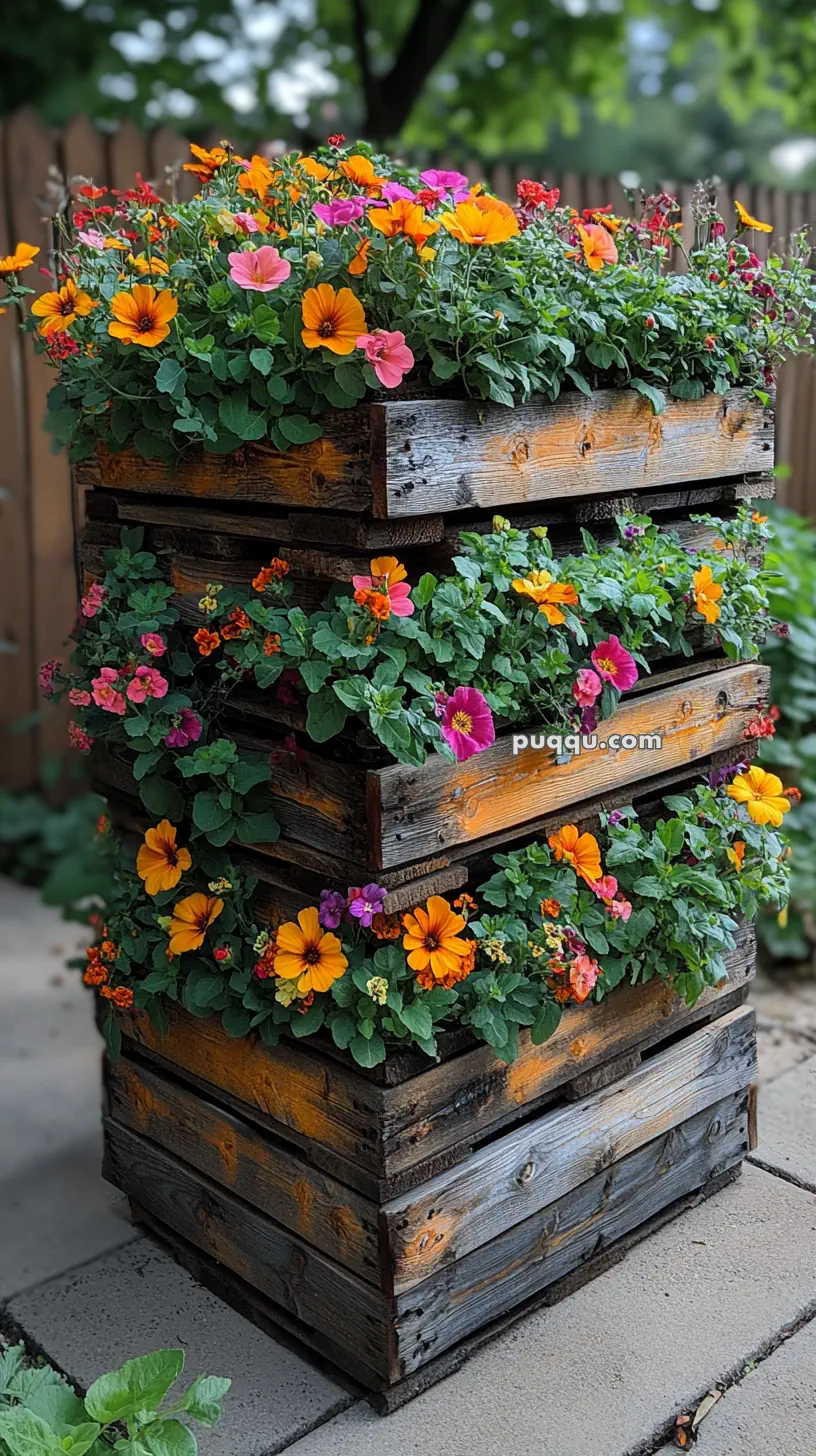 Stacked wooden planter boxes filled with vibrant orange and pink flowers.