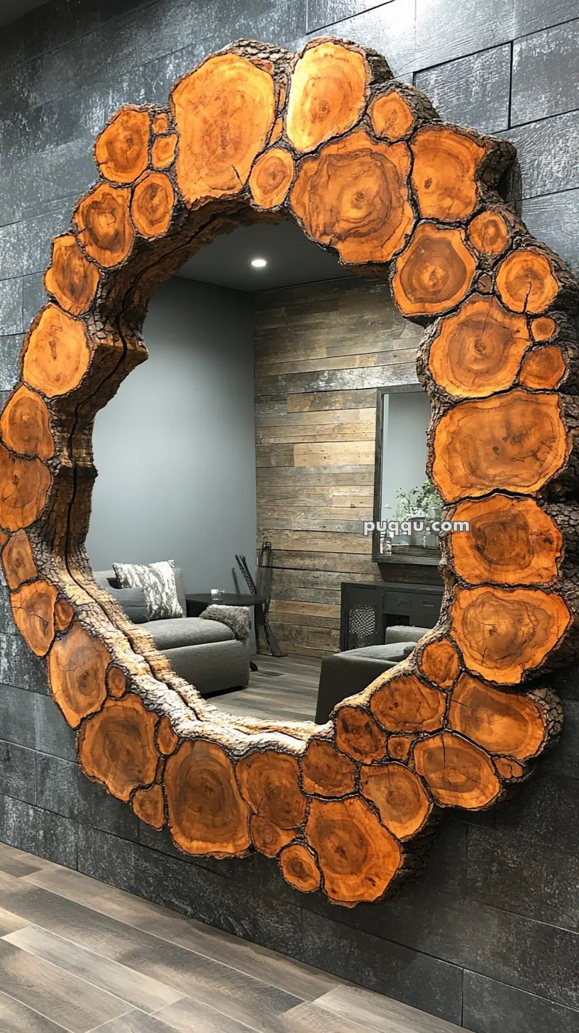 Rustic wooden mirror frame made from cross-sectioned tree trunk pieces on a modern wall.