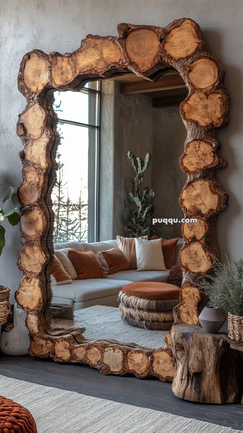 Large rustic mirror with a natural wooden frame, reflecting a cozy living room with earthy tones and a large window.