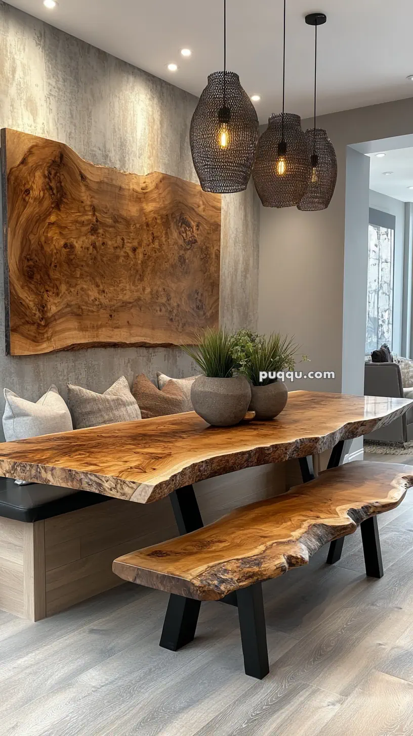 Modern dining area with a live-edge wood table and bench, textured pendant lights, and a wood wall art piece.