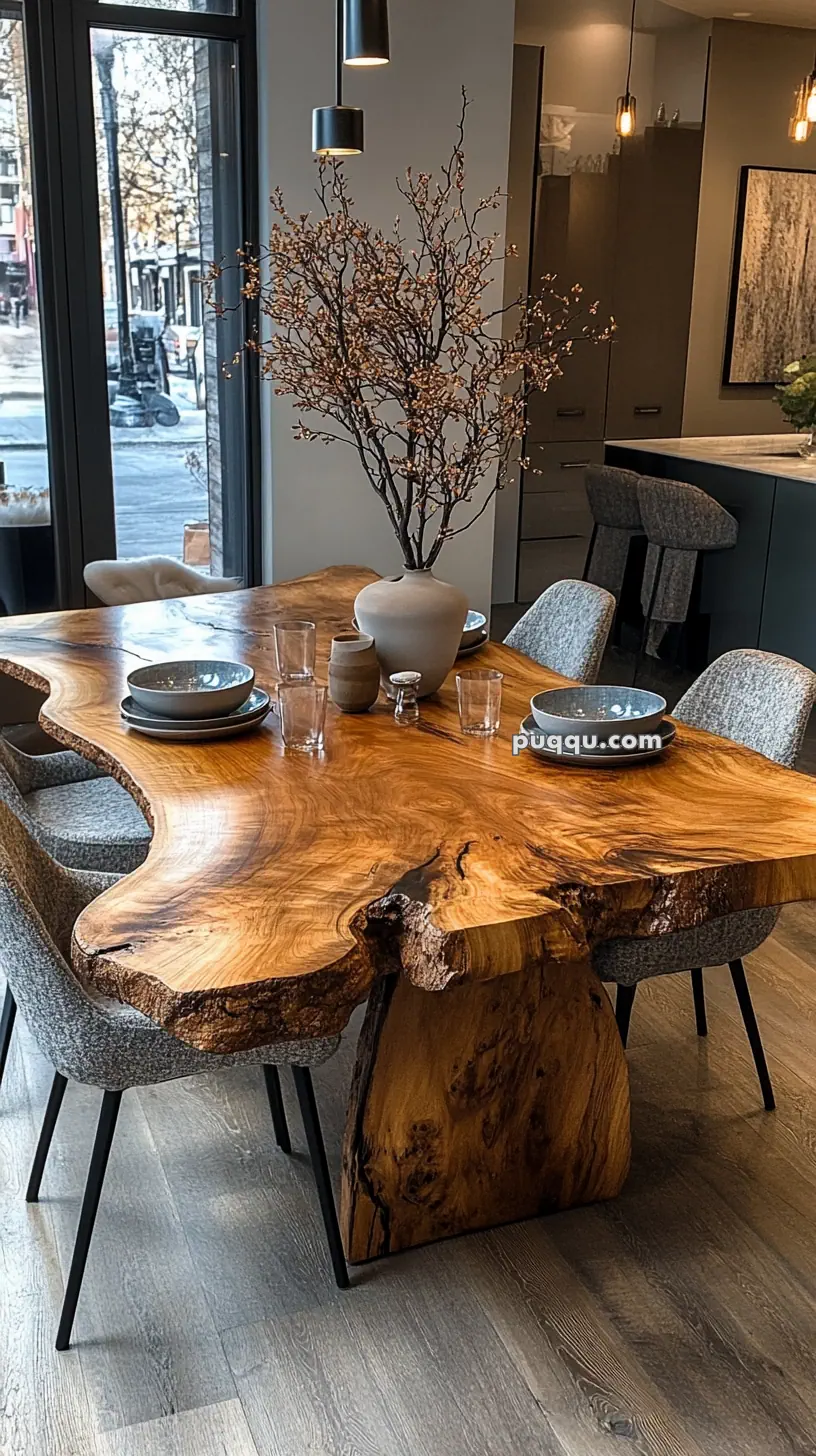 Rustic wooden dining table with natural edges, set with dishes and glasses, and decorated with a vase of branches, in a modern dining area with large windows.