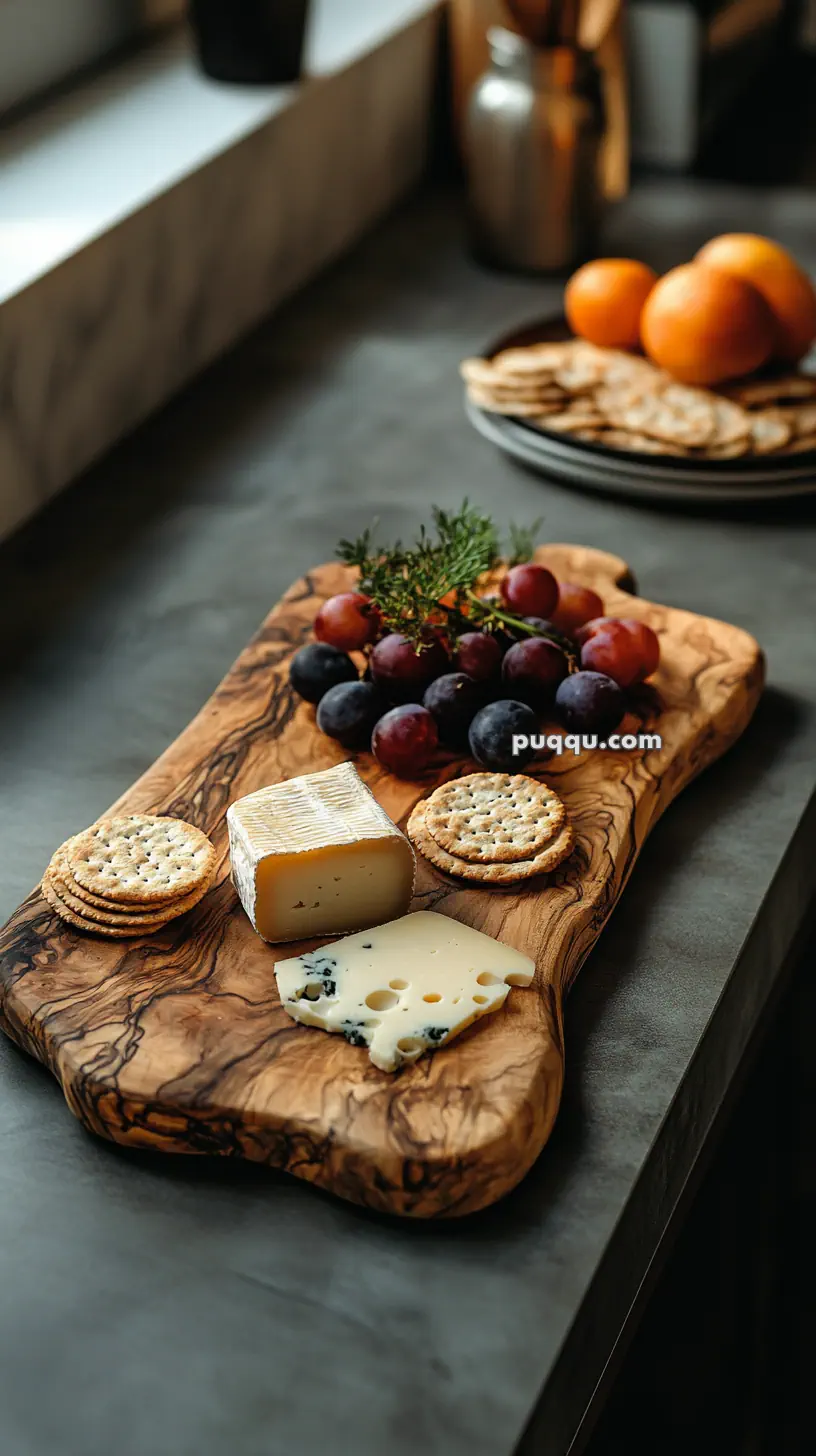 Cheese and crackers with grapes on a wooden board.