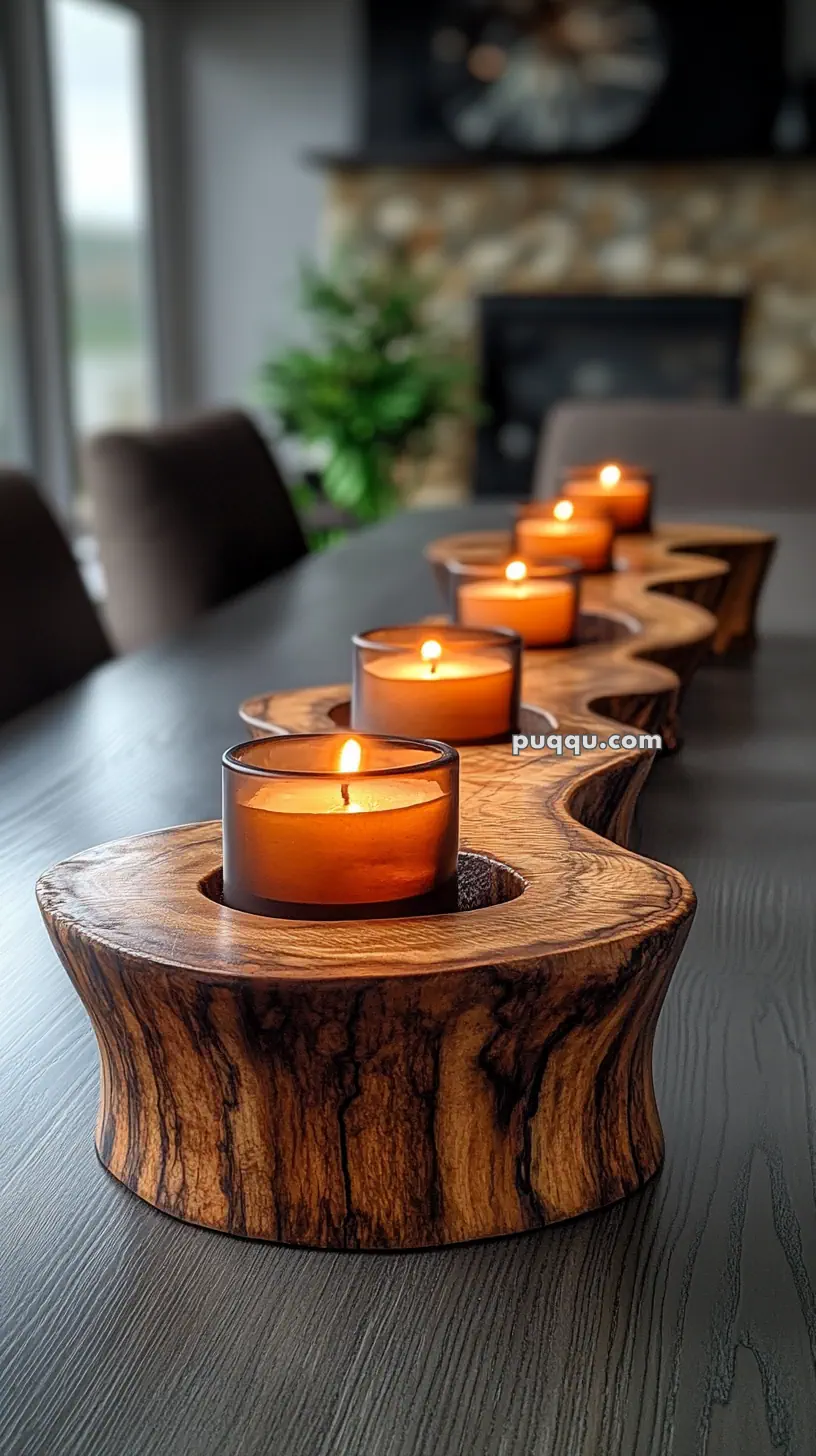 A series of lit candles placed in a wavy wooden holder on a dining table.