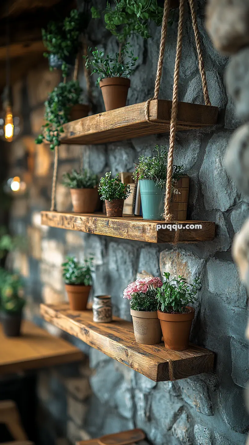 Wooden shelves with potted plants against a stone wall.