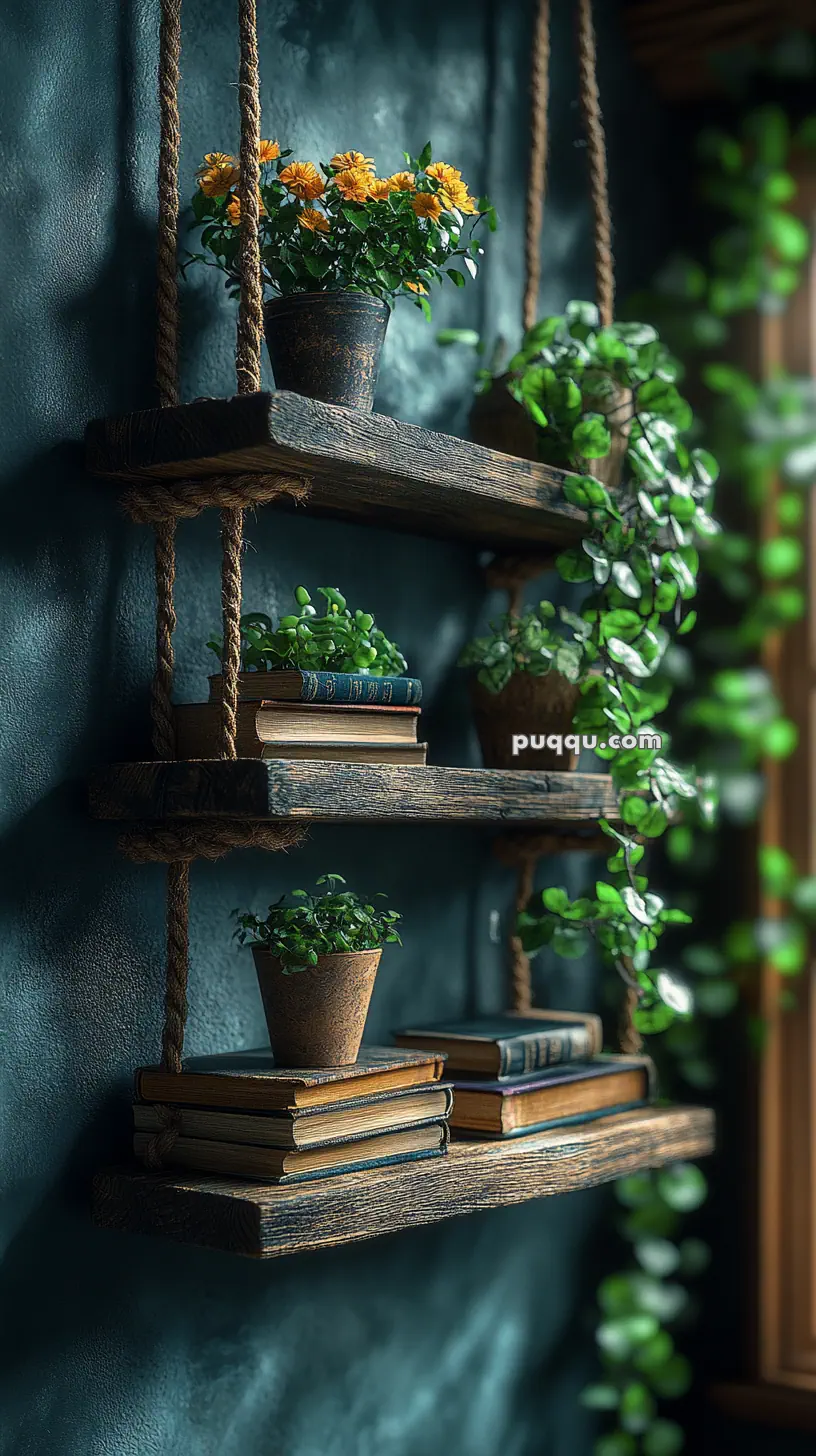 Hanging wooden shelves with potted plants and stacked books, against a dark wall.