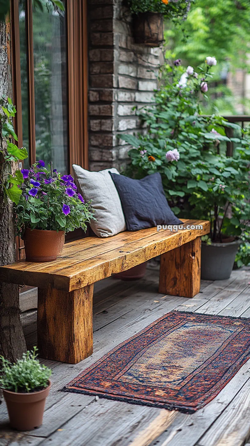 Wooden bench with cushions on a porch, surrounded by potted plants and flowers, near a brick wall and a colorful rug on the wooden floor.