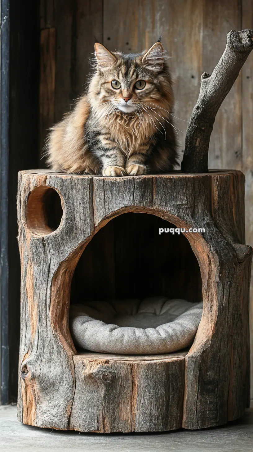 Fluffy cat sitting on a wooden cat house with a cozy cushion inside.