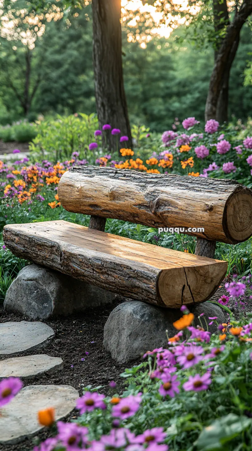 A rustic wooden bench in a garden surrounded by vibrant orange and purple flowers.