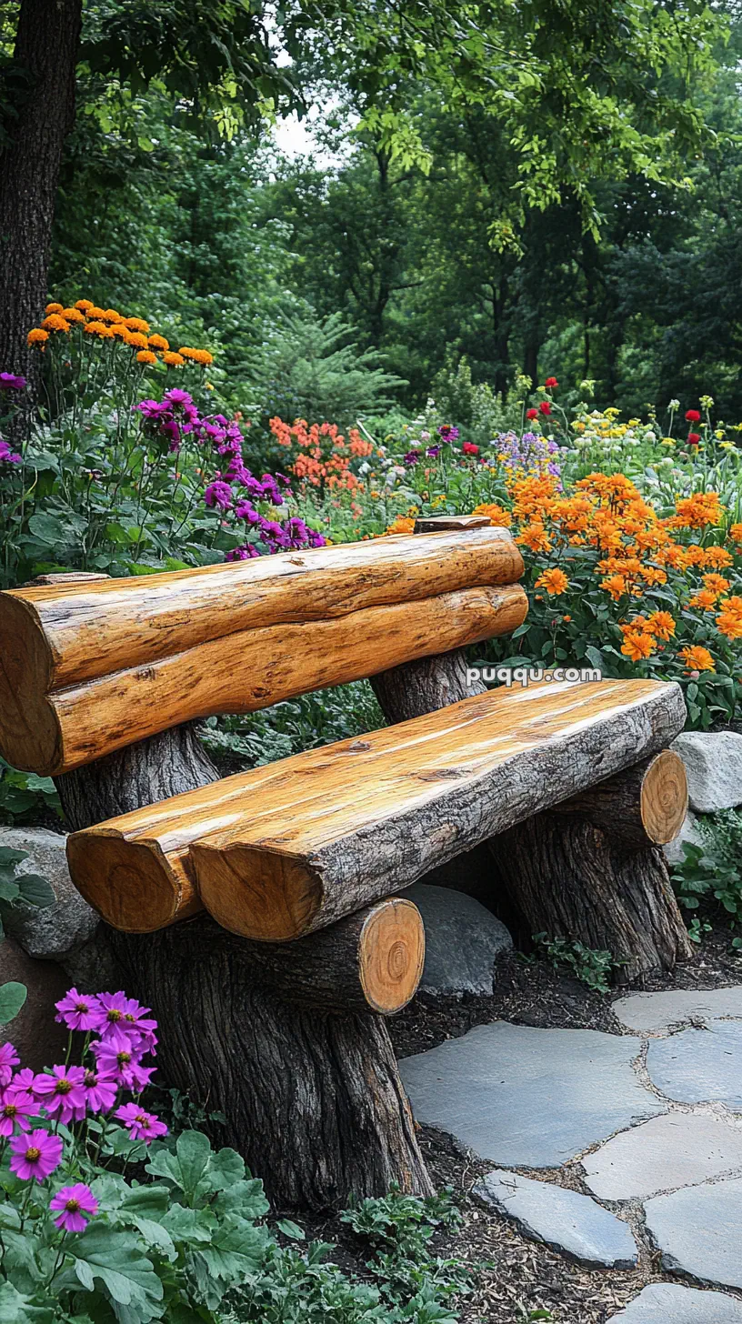 A wooden bench made from logs, surrounded by vibrant flowers in a lush garden.