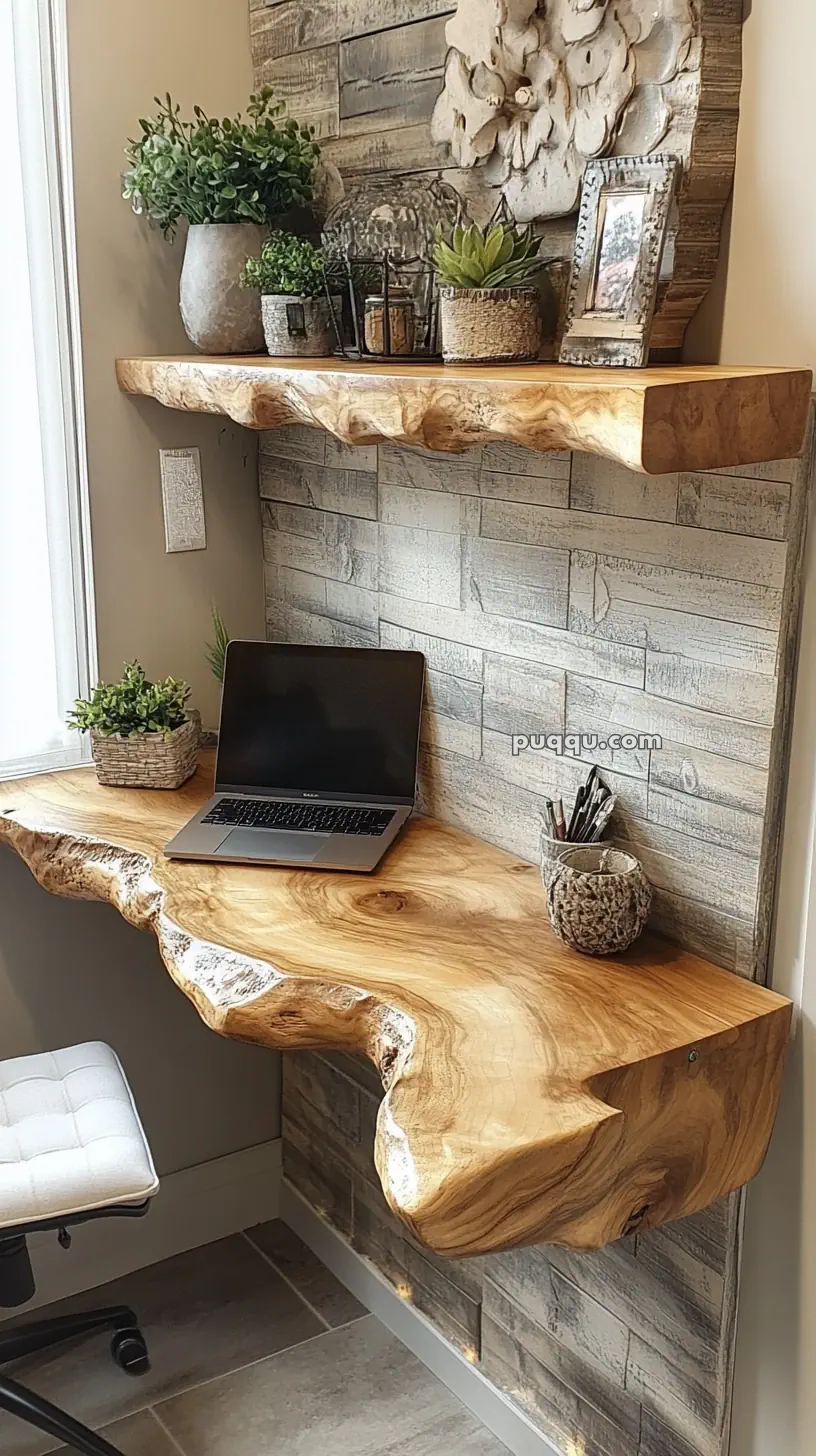 A rustic home office setup featuring a live edge wooden desk, floating shelves with plants and decor, and a laptop.