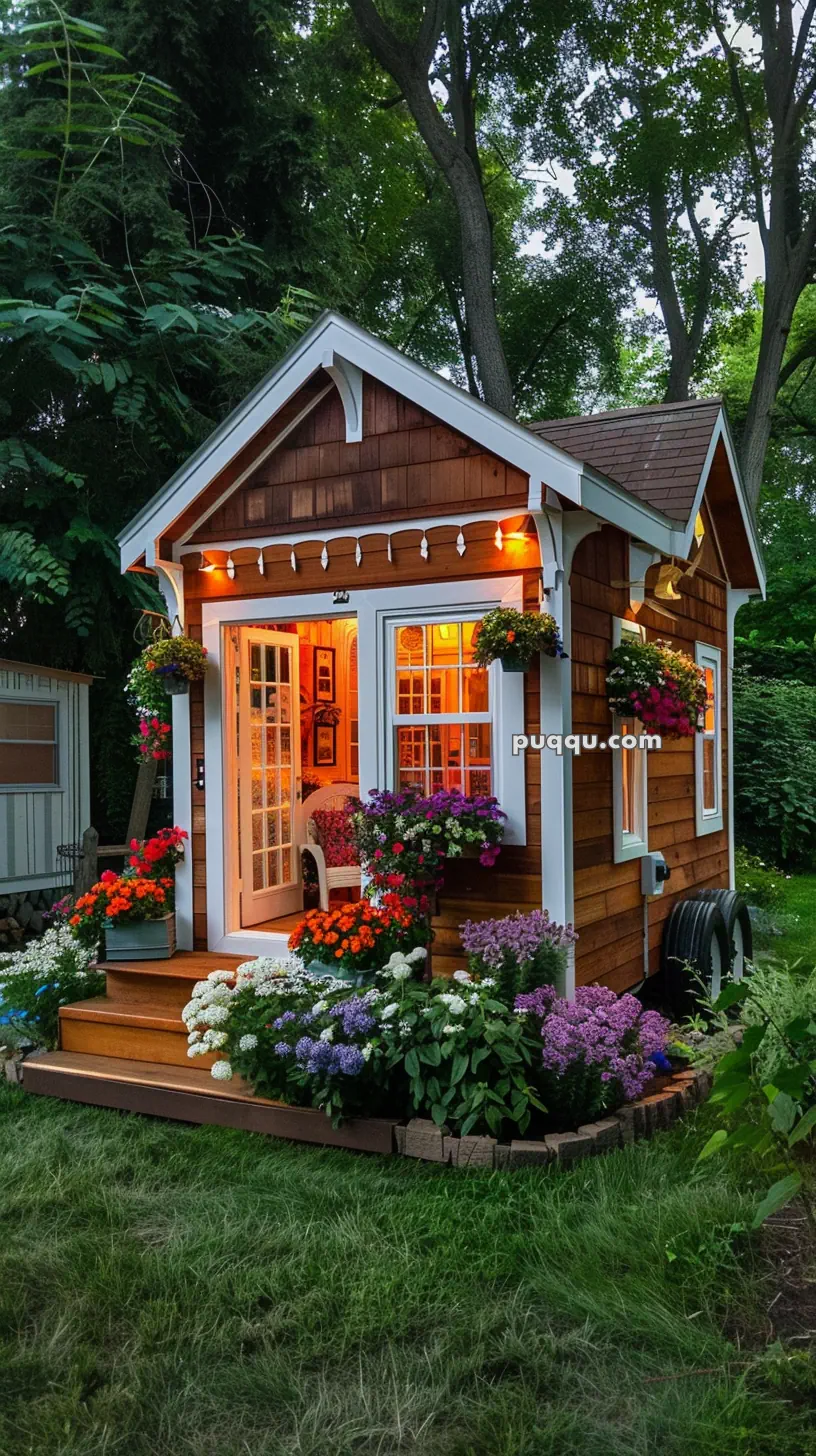 Small wooden tiny house surrounded by colorful flowers and greenery, with glowing lights and open French doors.