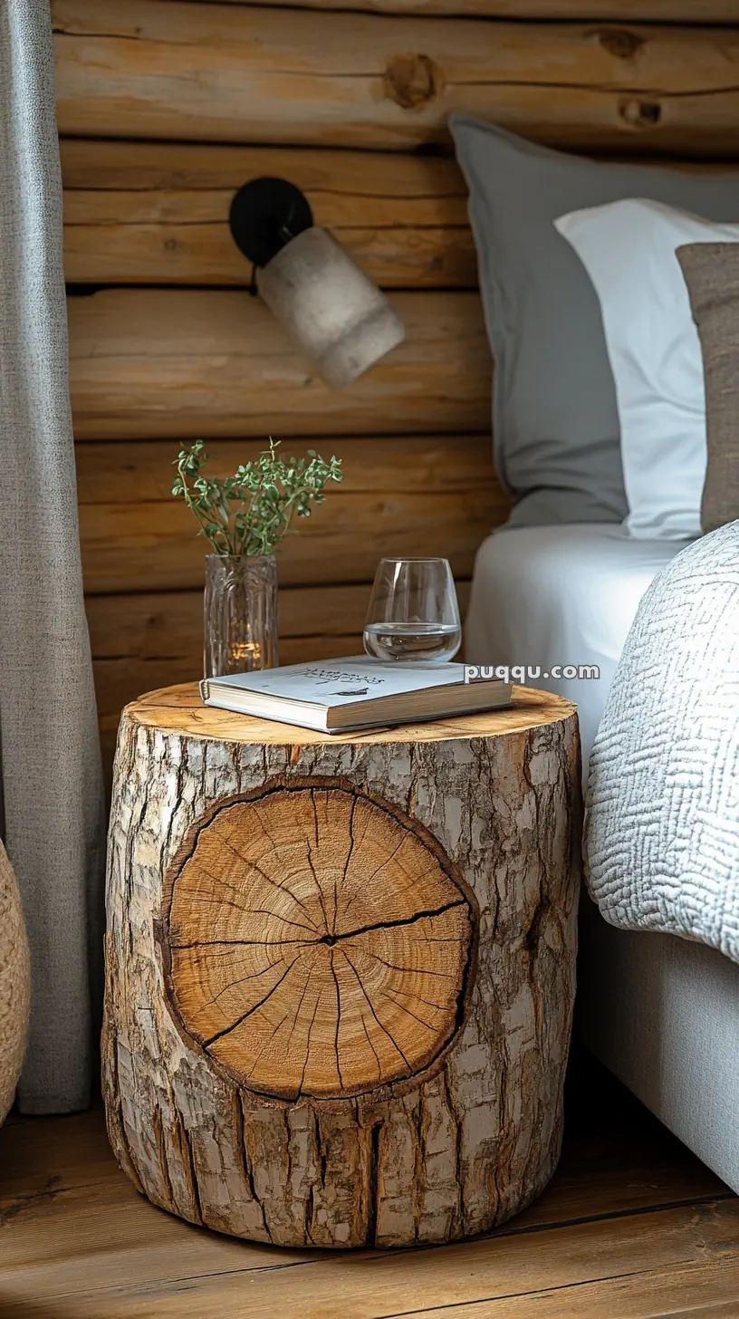 Rustic bedroom setting with a wooden log side table, a book, a glass, and a small vase with greenery next to a bed.