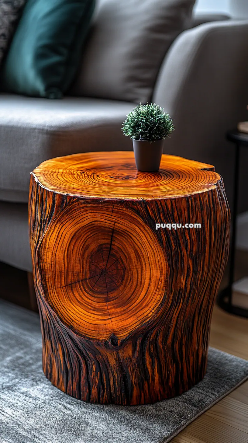 A wooden log side table with a small potted plant on top, placed next to a gray sofa.