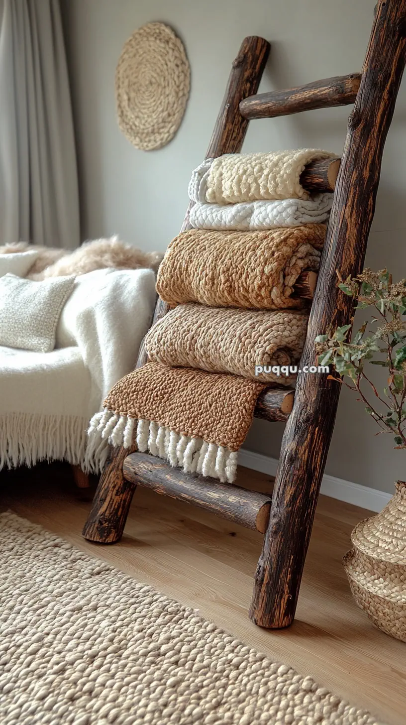 Rustic wooden ladder holding folded knitted blankets, beside a sofa with a cream throw, and a woven wall decor piece.