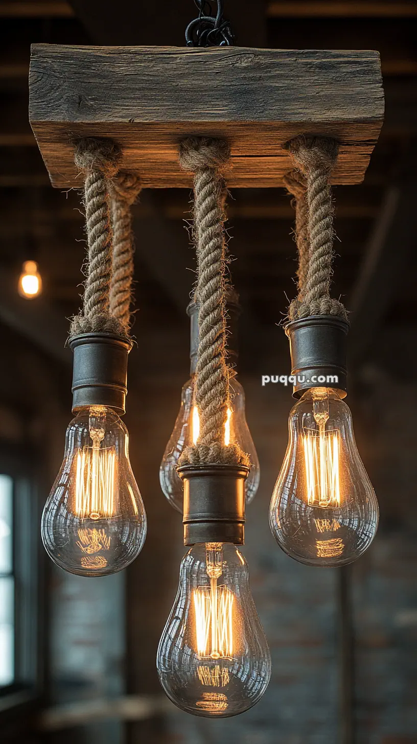 Rustic hanging light fixture with four hanging rope-supported Edison bulbs.