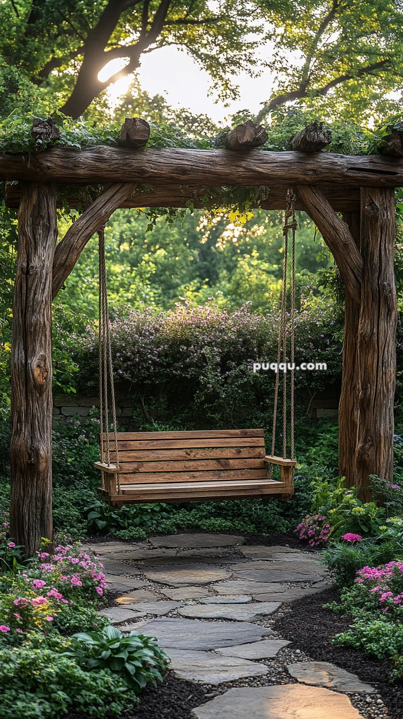 Wooden swing hanging from a rustic pergola in a lush garden setting with surrounding greenery and flowers.