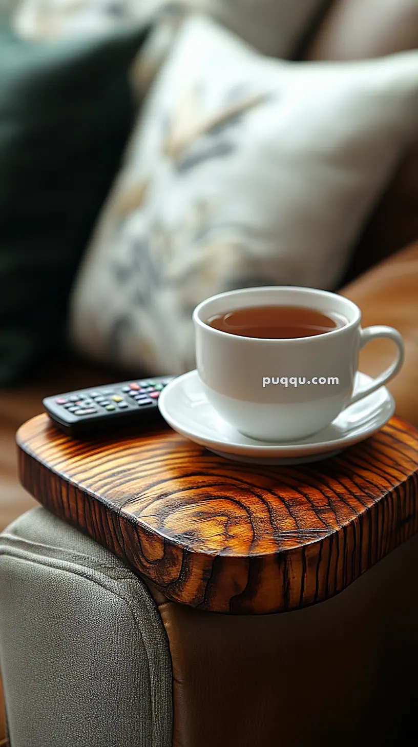 A cup of tea and a remote control on a wooden armrest tray of a couch with a cushion in the background.