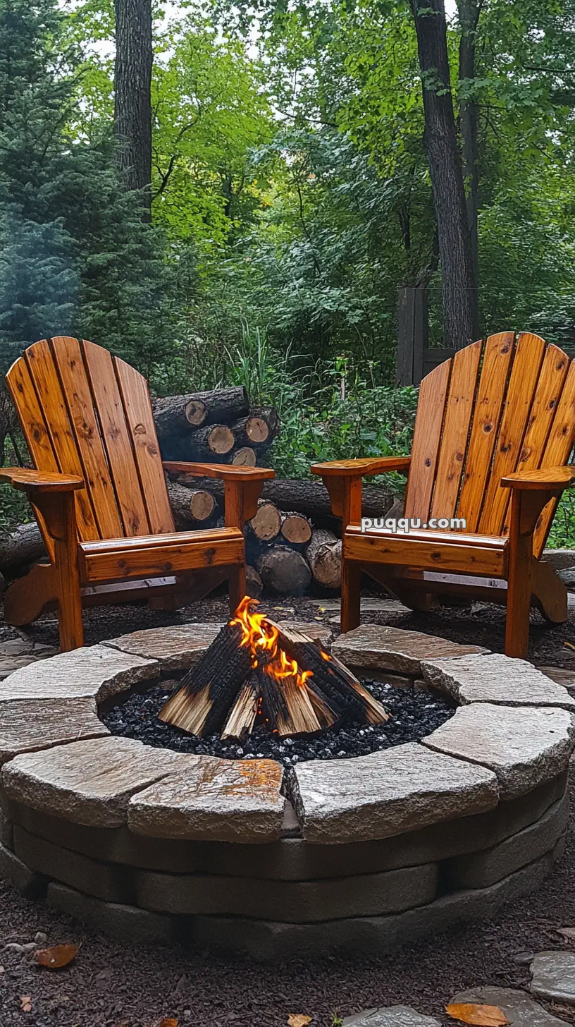 Two wooden Adirondack chairs facing a stone fire pit with burning logs, surrounded by a forest setting.