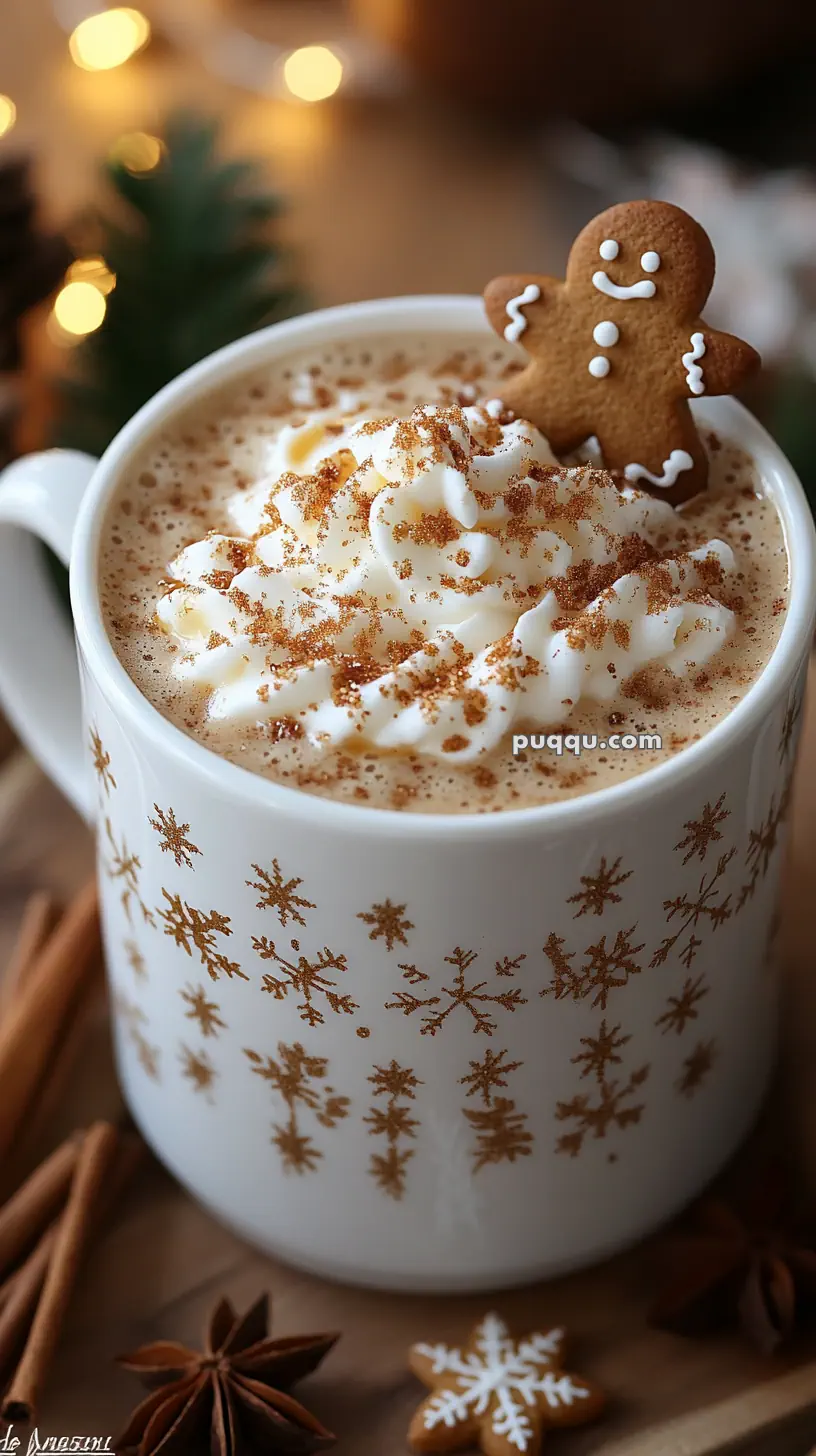 A festive mug of hot chocolate topped with whipped cream, cinnamon, and a gingerbread cookie, with holiday decorations surrounding it.