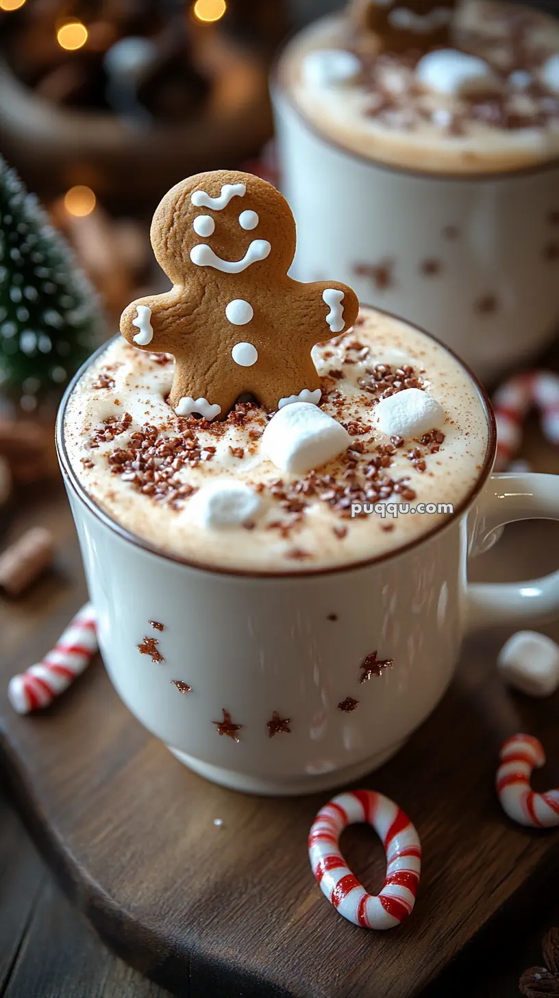 A mug of hot chocolate topped with marshmallows, cocoa powder, and a gingerbread man cookie, with a candy cane next to it.