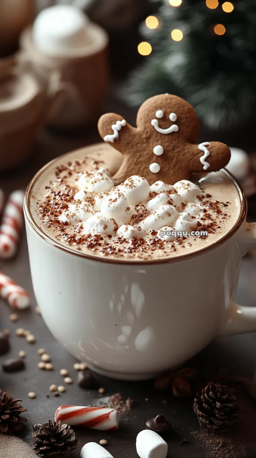 A festive mug of hot chocolate topped with whipped cream, cocoa powder, and a gingerbread cookie, surrounded by marshmallows and candy canes.