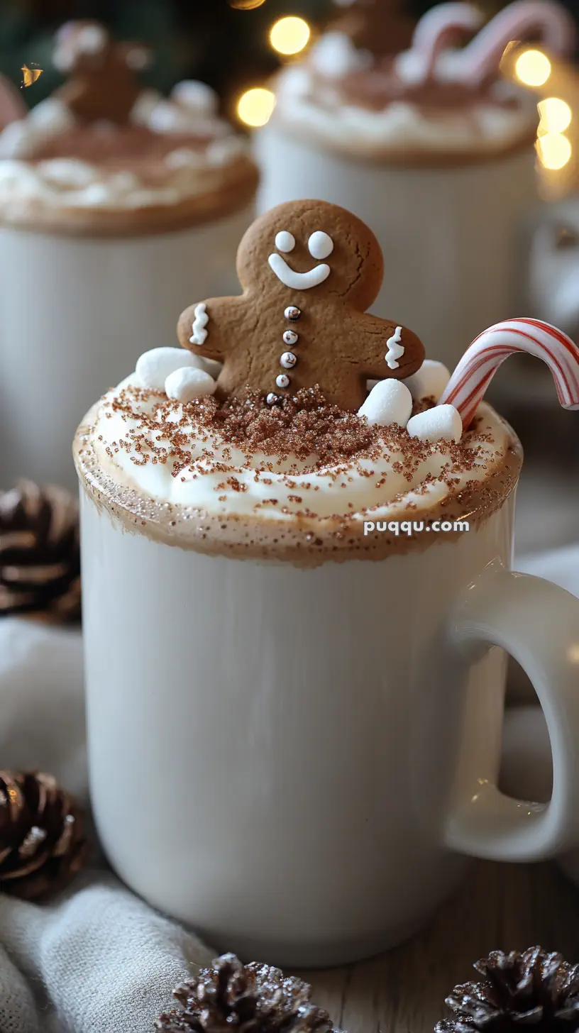 A mug of hot chocolate topped with whipped cream, a gingerbread cookie, mini marshmallows, and a candy cane, surrounded by festive decorations.