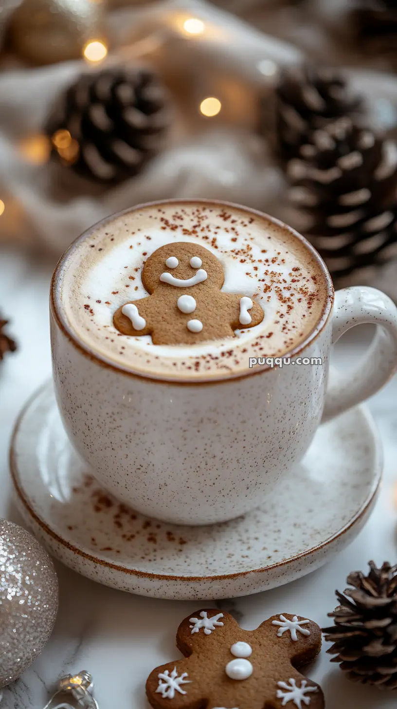 A speckled cup of cappuccino with a gingerbread man cookie on top, surrounded by pinecones and festive decorations.