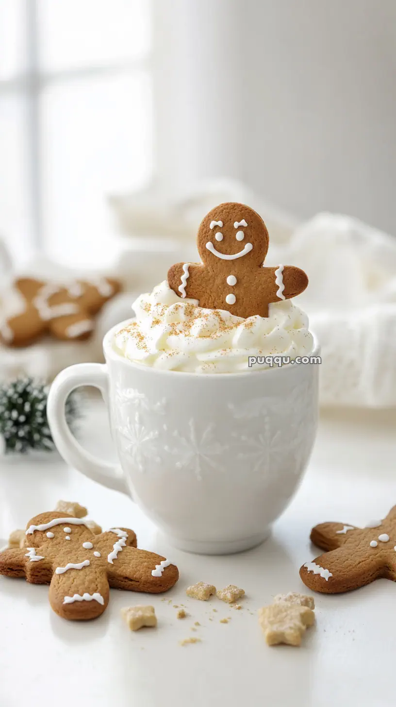 A gingerbread cookie sits atop whipped cream in a white mug surrounded by more cookies.