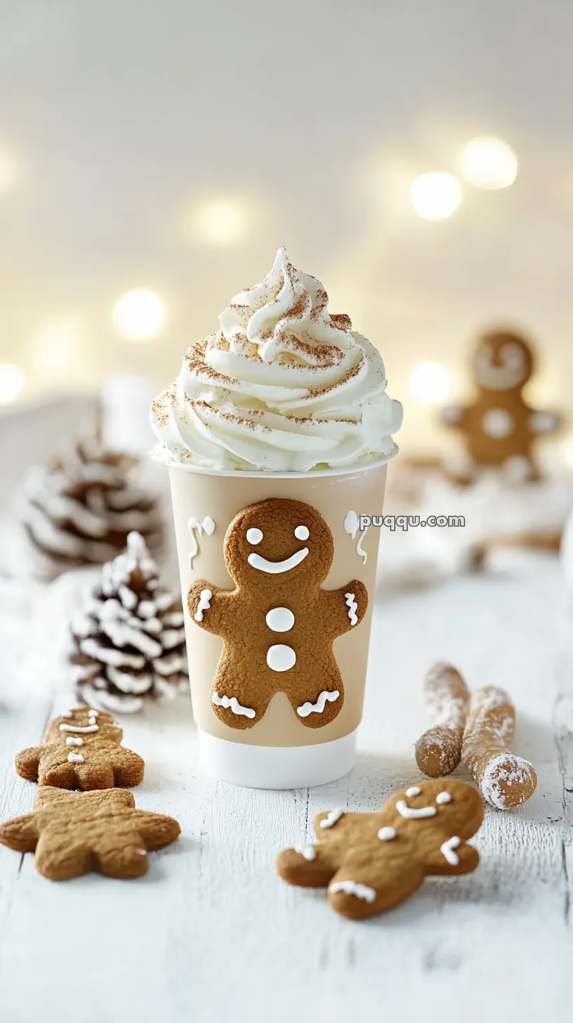 A cup of whipped cream-topped coffee decorated with a gingerbread man cookie, surrounded by additional gingerbread cookies and frosted pinecones.