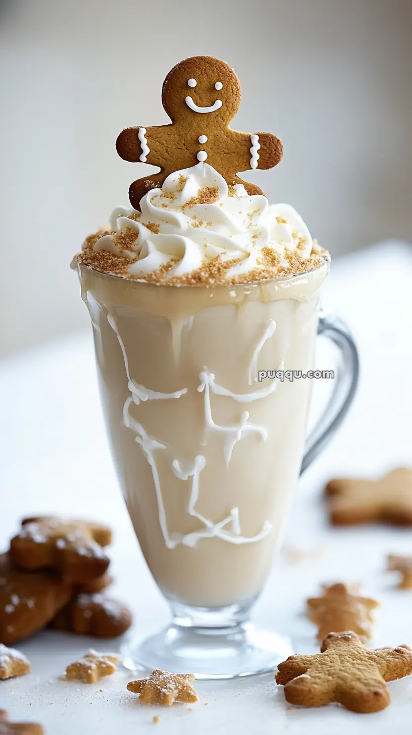 A glass mug filled with a creamy beverage, topped with whipped cream, sprinkled crumbs, and a gingerbread man cookie.