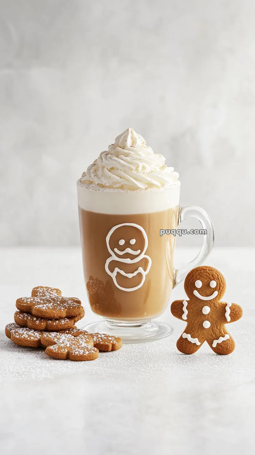 A glass mug of coffee topped with whipped cream, next to gingerbread cookies and a standing gingerbread man.