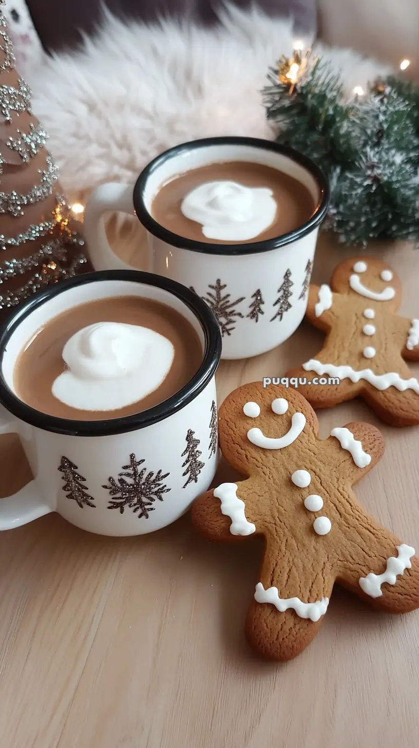 Two festive mugs of hot chocolate topped with whipped cream, accompanied by two gingerbread cookies, set on a wooden surface with decorative Christmas ornaments in the background.