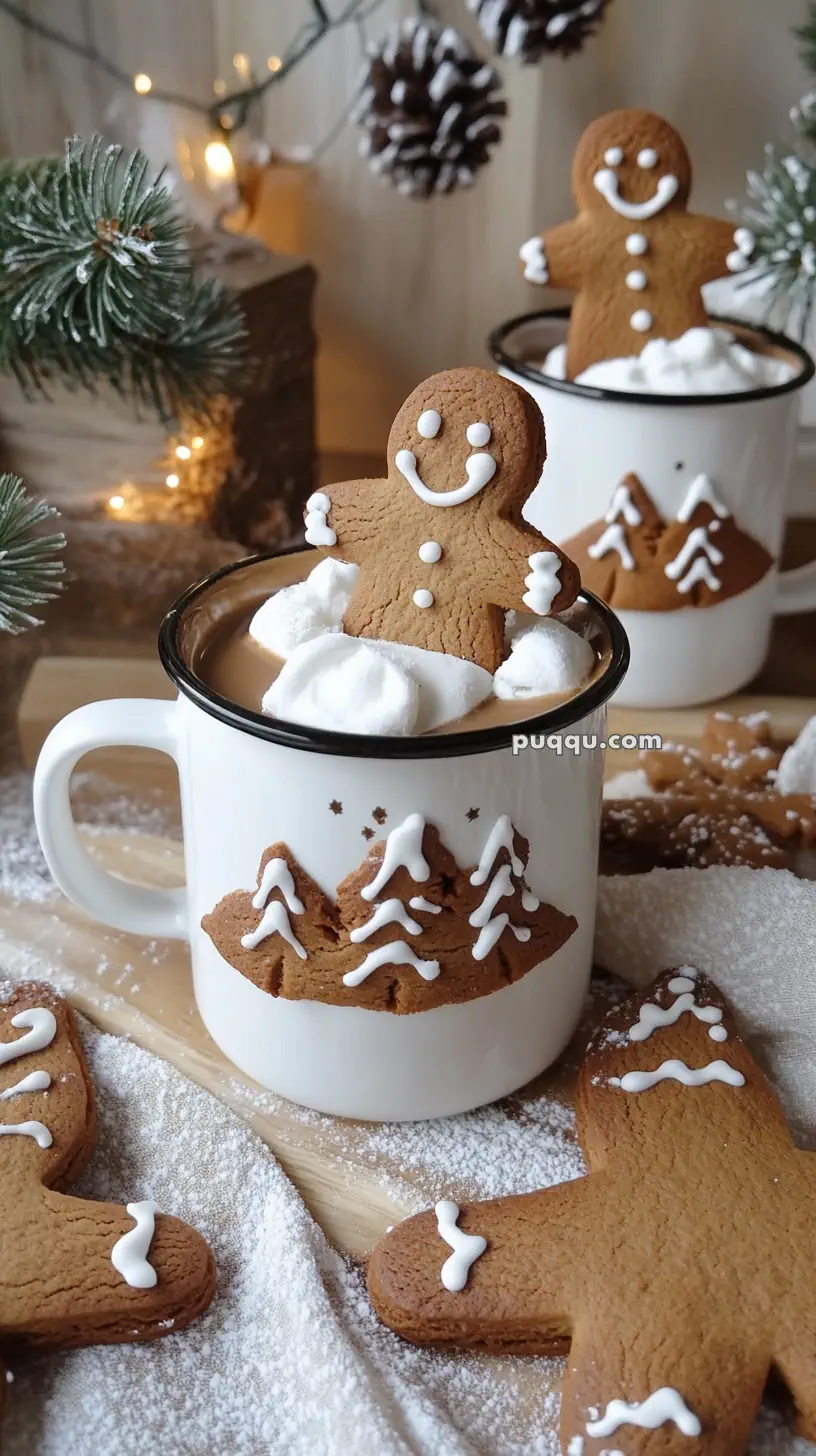 A mug of hot chocolate with marshmallows and a gingerbread man cookie, surrounded by festive decorations and more cookies.