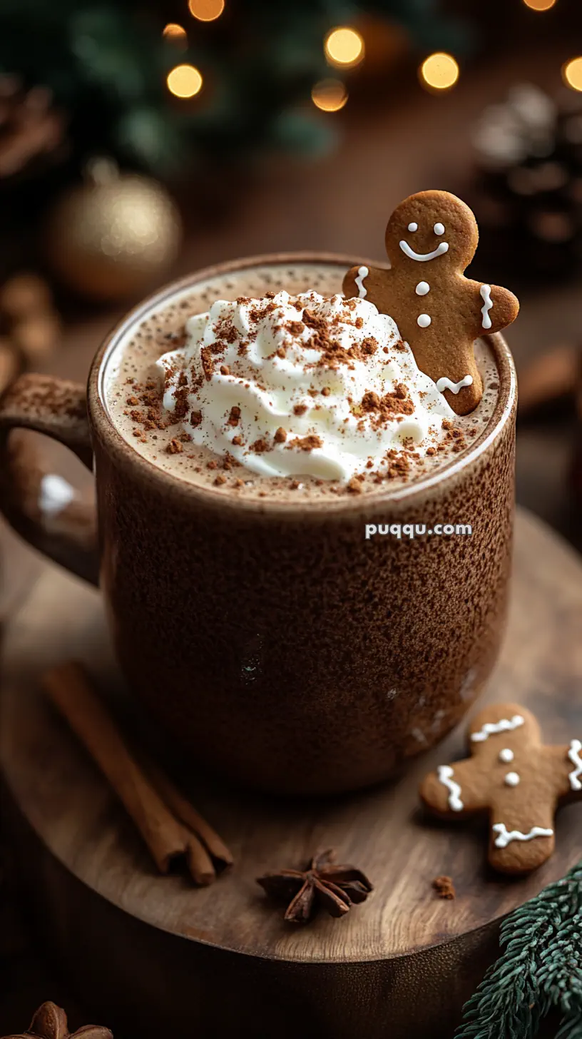 A mug of hot chocolate topped with whipped cream and cocoa powder, garnished with a gingerbread cookie, placed on a wooden surface with cinnamon sticks and star anise nearby.