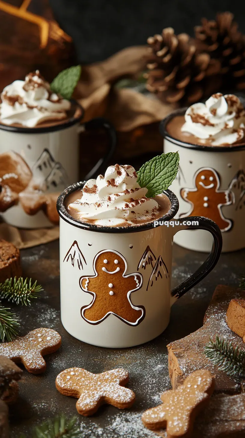 A festive mug with whipped cream and a mint leaf, surrounded by gingerbread cookies and pinecones.