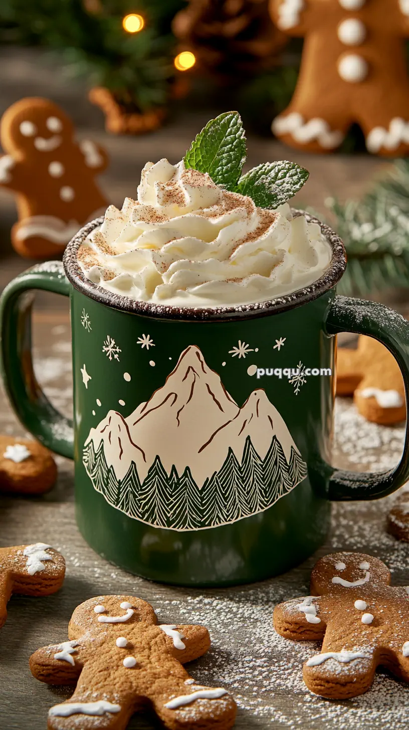 Green mug with a mountain design filled with whipped cream and mint leaves, surrounded by gingerbread cookies and holiday decorations.