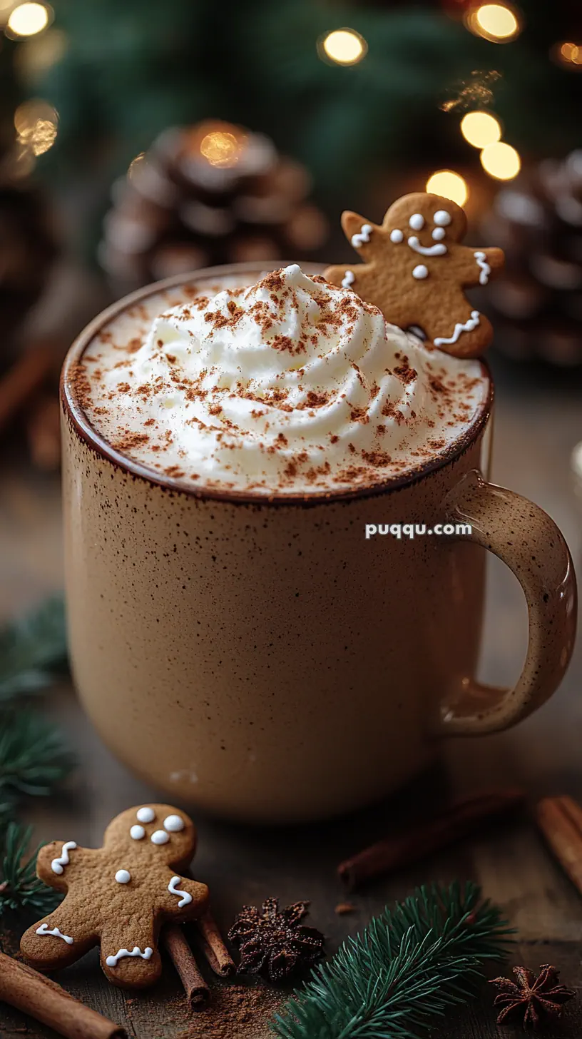 A mug of hot chocolate topped with whipped cream and a gingerbread cookie, surrounded by festive decorations.