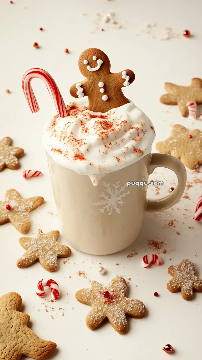 A mug of whipped cream-topped hot beverage with gingerbread cookies and candy cane garnish, surrounded by more cookies and peppermint candies.