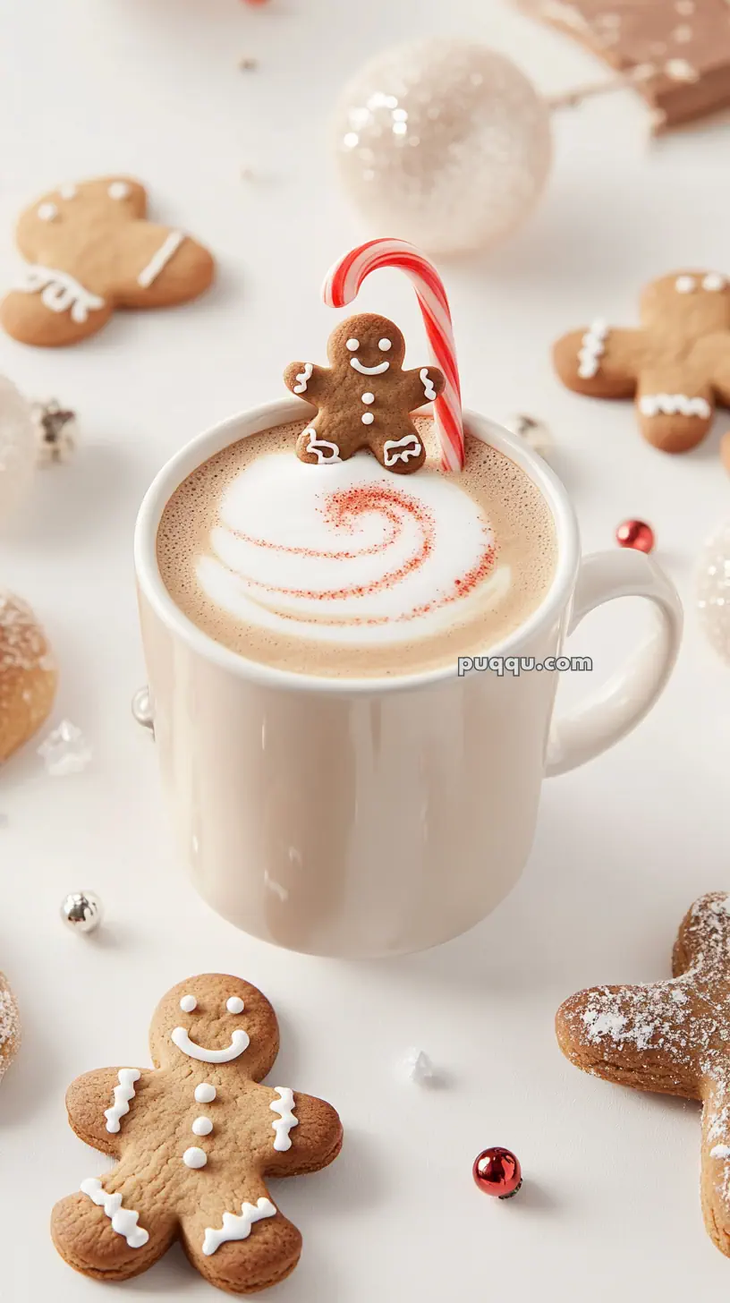 A cup of hot chocolate with frothy milk topped with a swirl of cinnamon, adorned with a gingerbread man and candy cane, surrounded by gingerbread cookies and holiday ornaments.