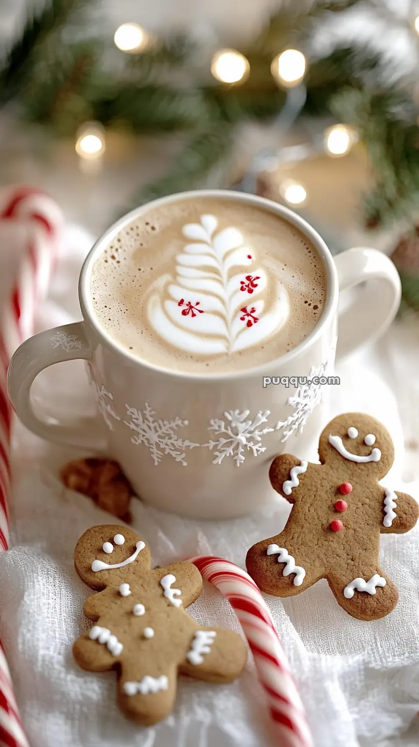 Cup of coffee with latte art and red sprinkles, surrounded by gingerbread cookies and candy canes, with a festive background.