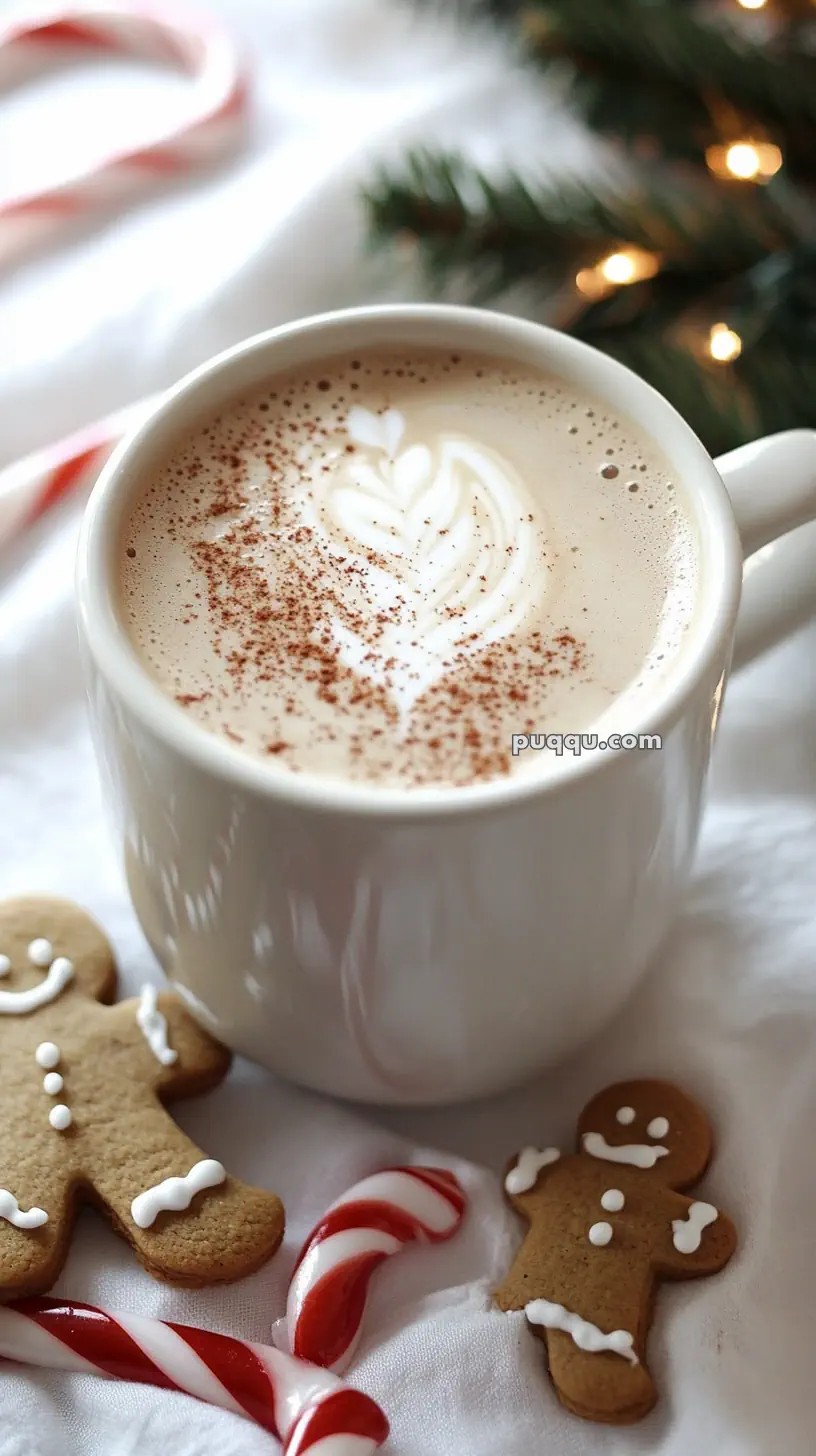 A cup of latte with latte art, surrounded by gingerbread cookies and candy canes, with Christmas lights and a tree in the background.