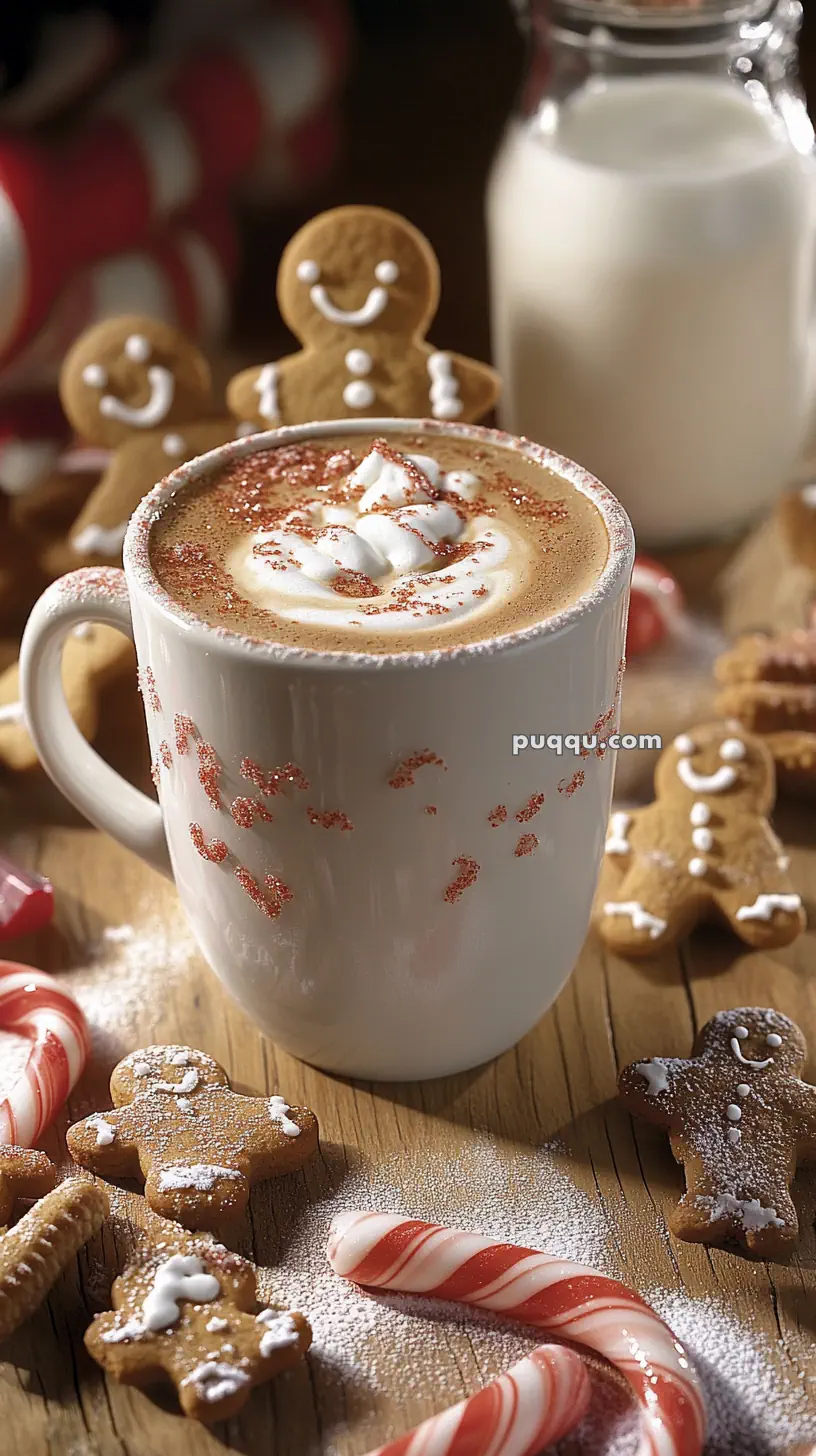 A mug of hot chocolate with whipped cream and sprinkles, surrounded by gingerbread cookies and candy canes on a wooden table.