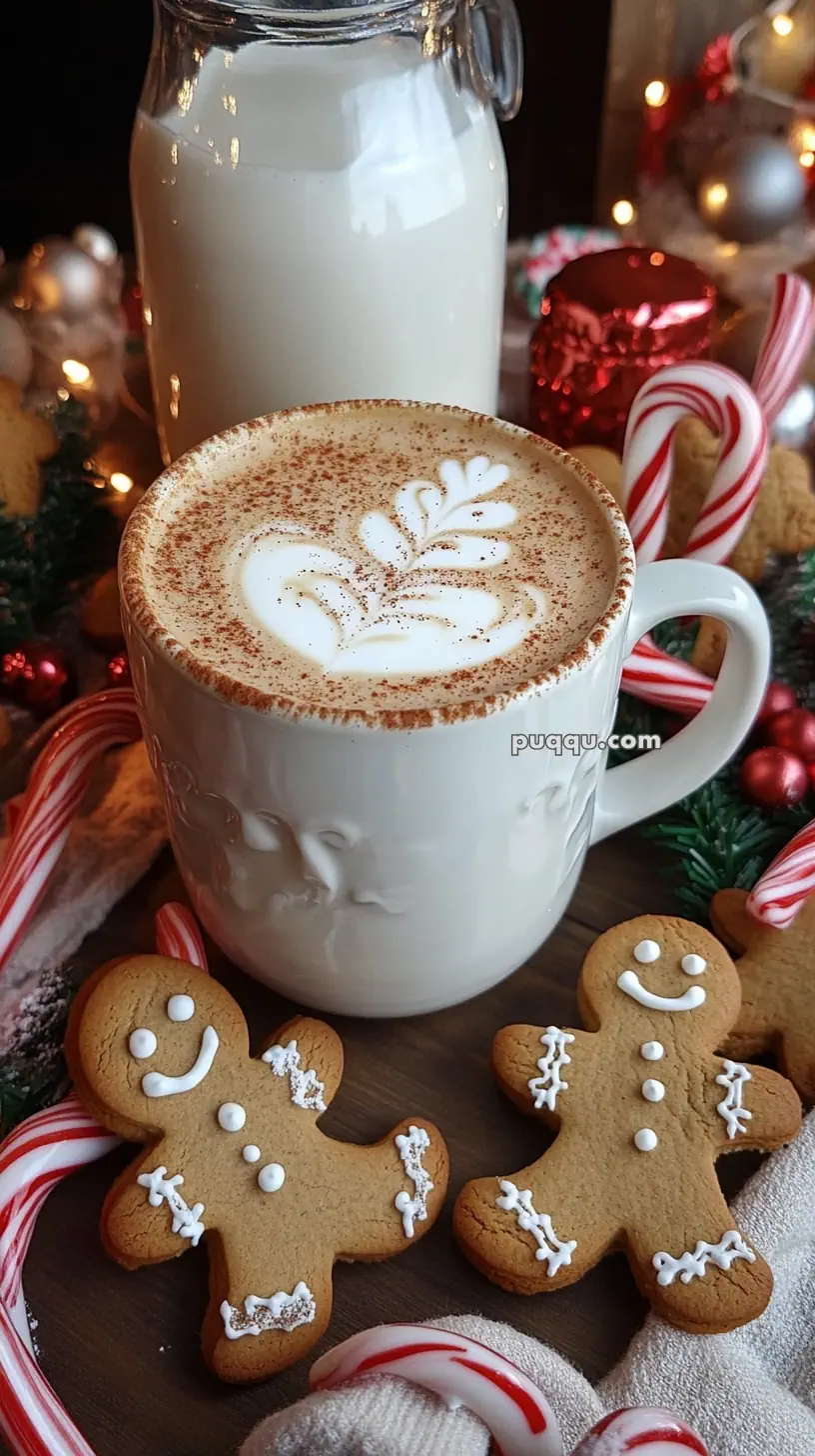 A festive scene with a cup of coffee topped with latte art, surrounded by gingerbread cookies, candy canes, and a jug of milk.