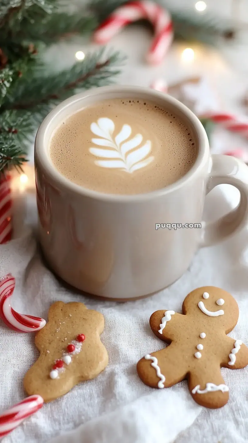 A cup of latte with latte art, surrounded by candy canes and decorated gingerbread cookies, next to a sprig of evergreen.