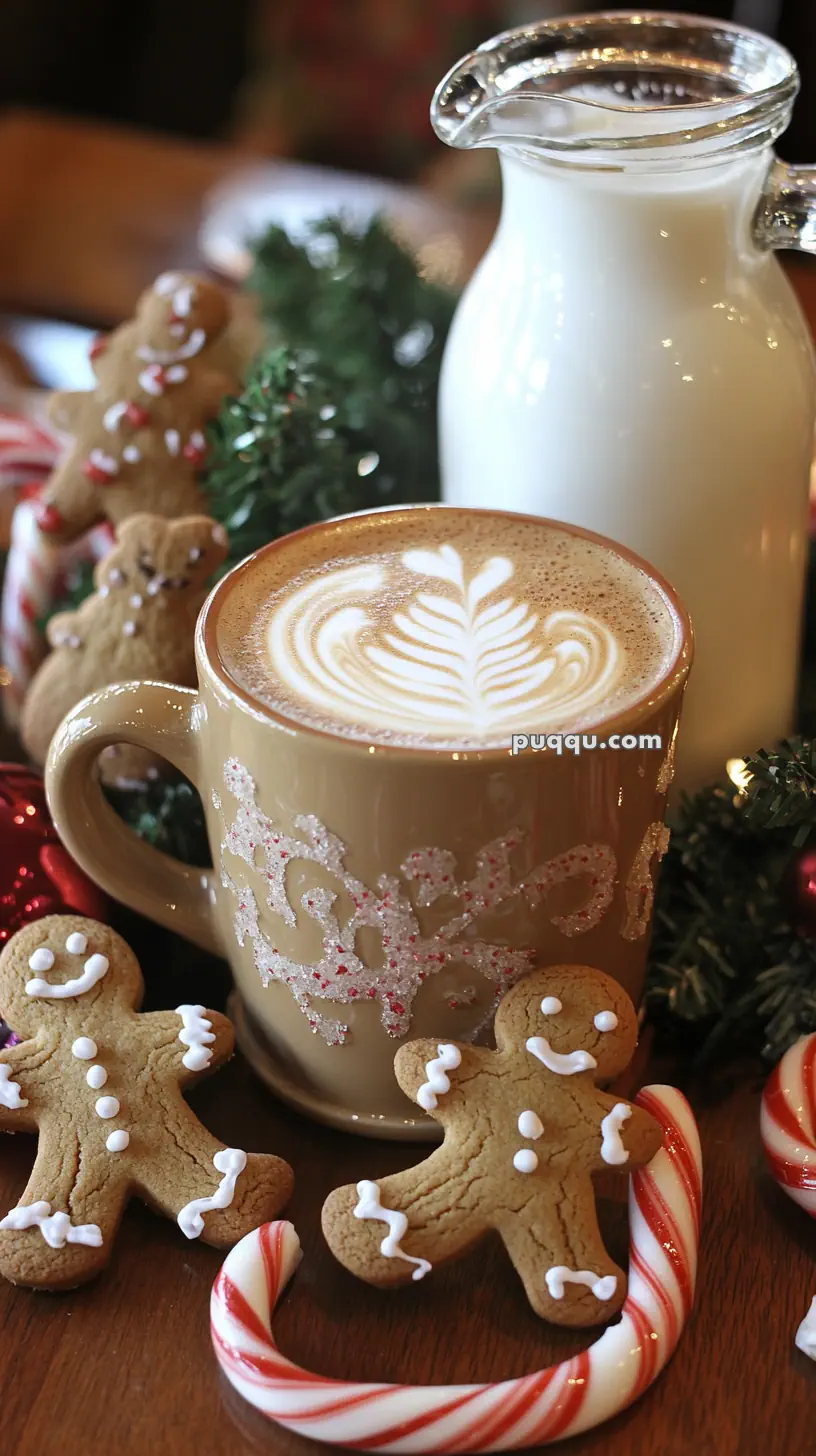 Latte with leaf art in a festive mug, surrounded by gingerbread cookies, candy canes, and a pitcher of milk.