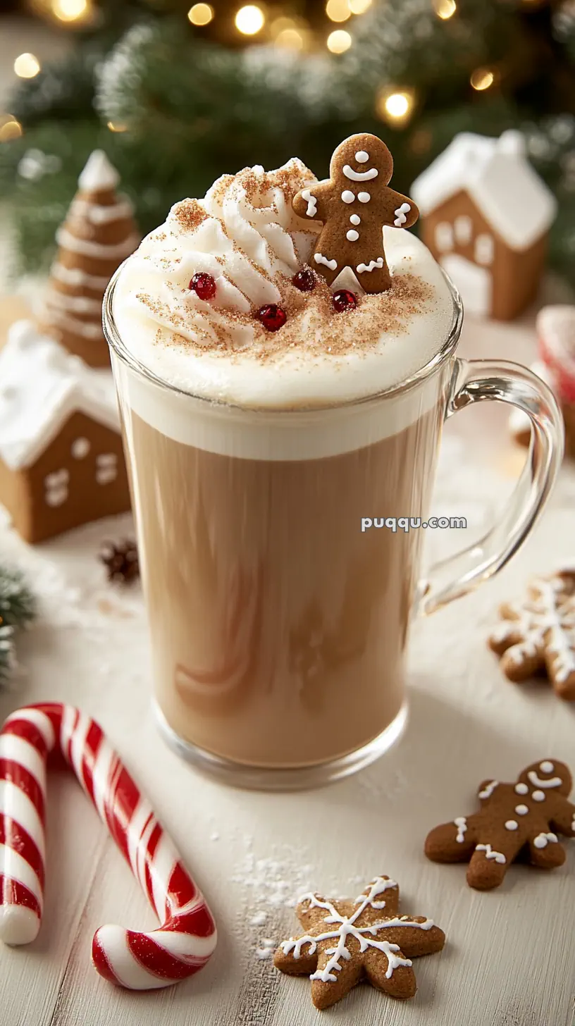 Festive coffee with whipped cream, topped with a gingerbread man cookie and red berries, next to gingerbread cookies and a candy cane, with holiday decorations in the background.